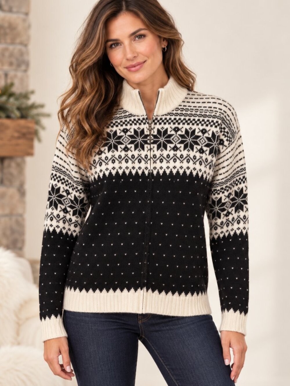 Classiques Entier Merino Wool Fair Isle Snowflake Zip Cardigan Sweater M